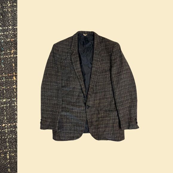 Vintage 1970s charcoal sports coat by Barrage, plaid 70s black/beige jacket - Picture 1 of 7